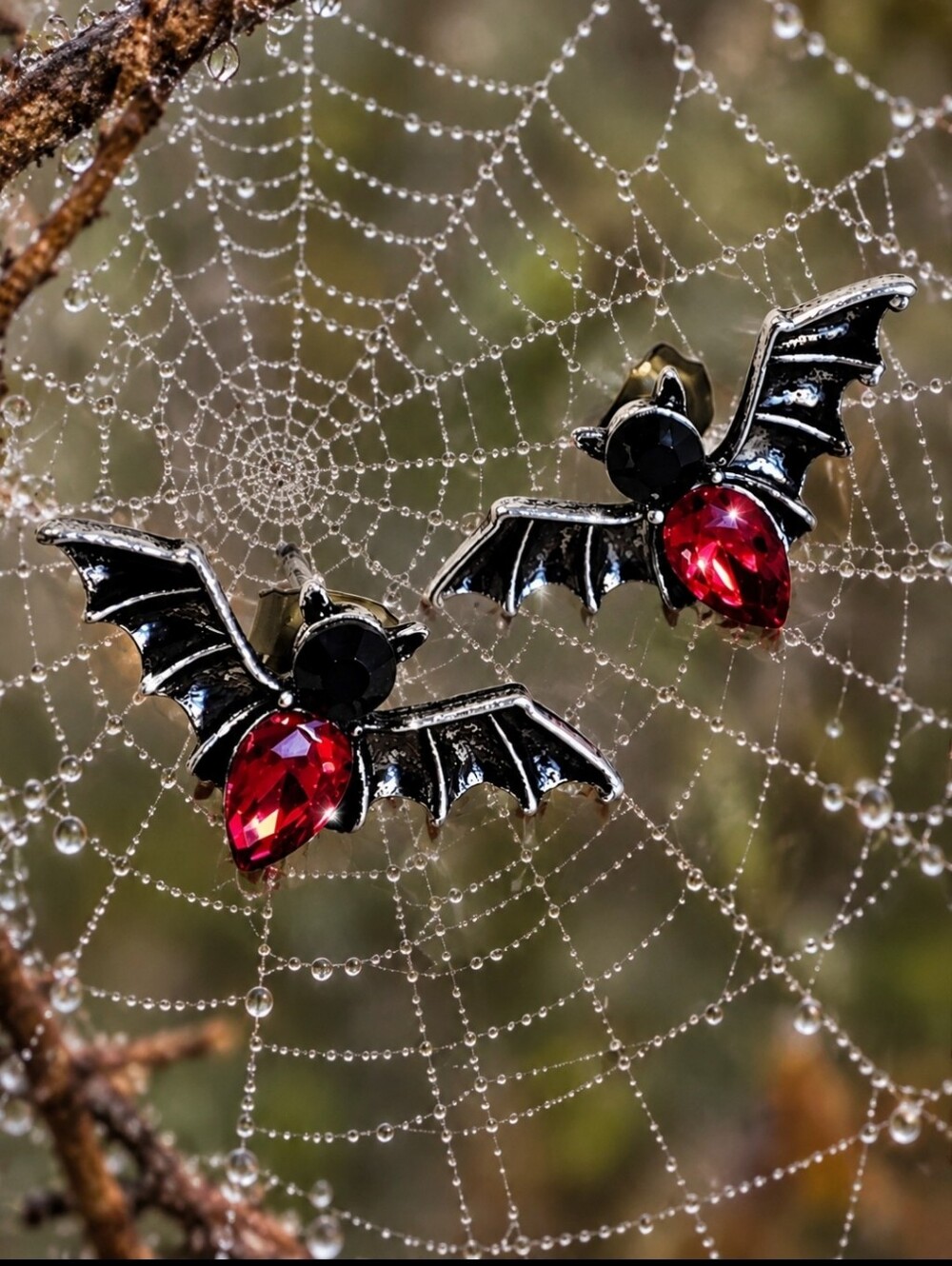 Red and Black Stone Bar Vampire Halloween Jewelry Pierced Silver Tone Earrings